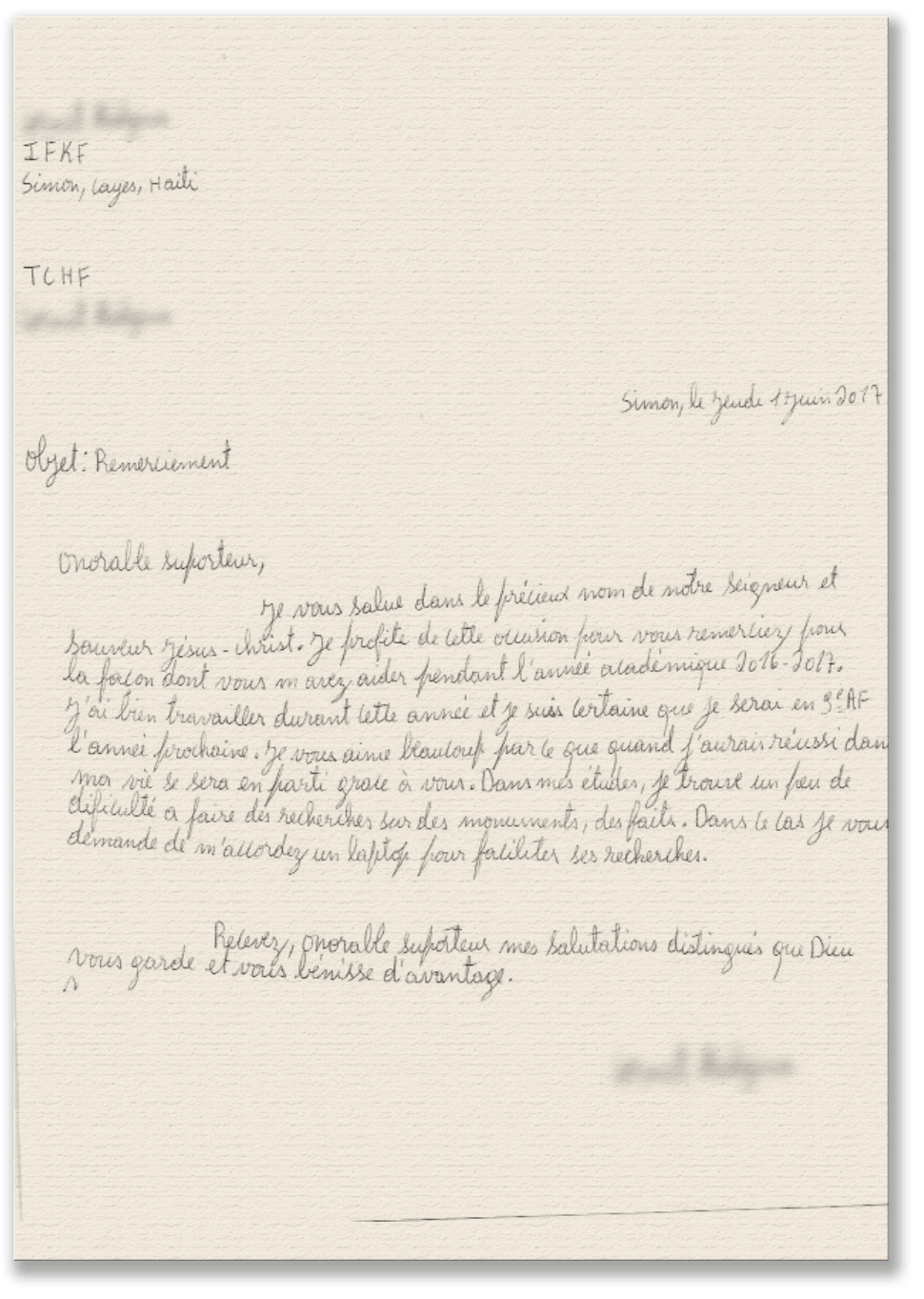 Letters from Students - The Children Heritage Foundation (tCHF)